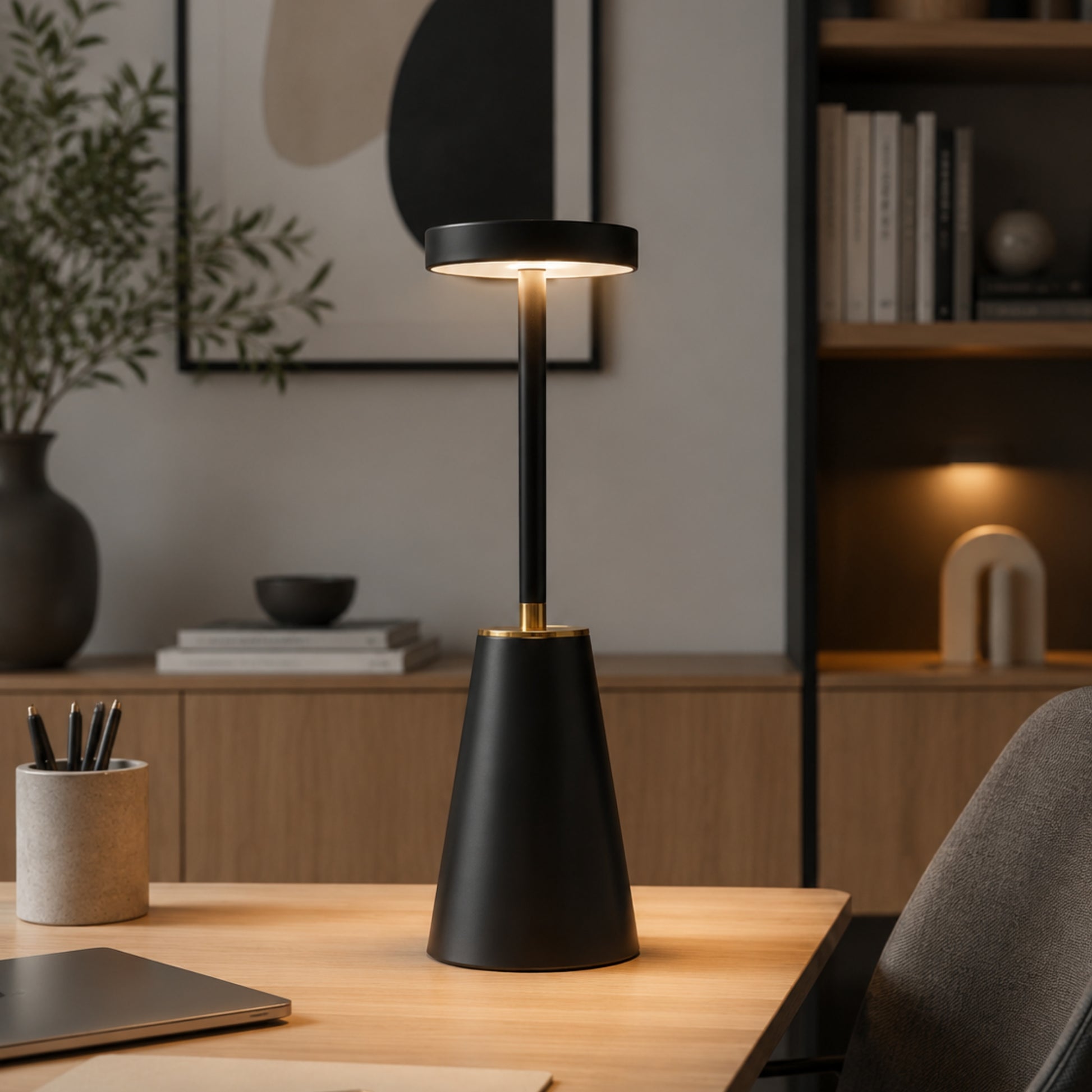 lampe de bureau sans fil noir elegante 3 intensites