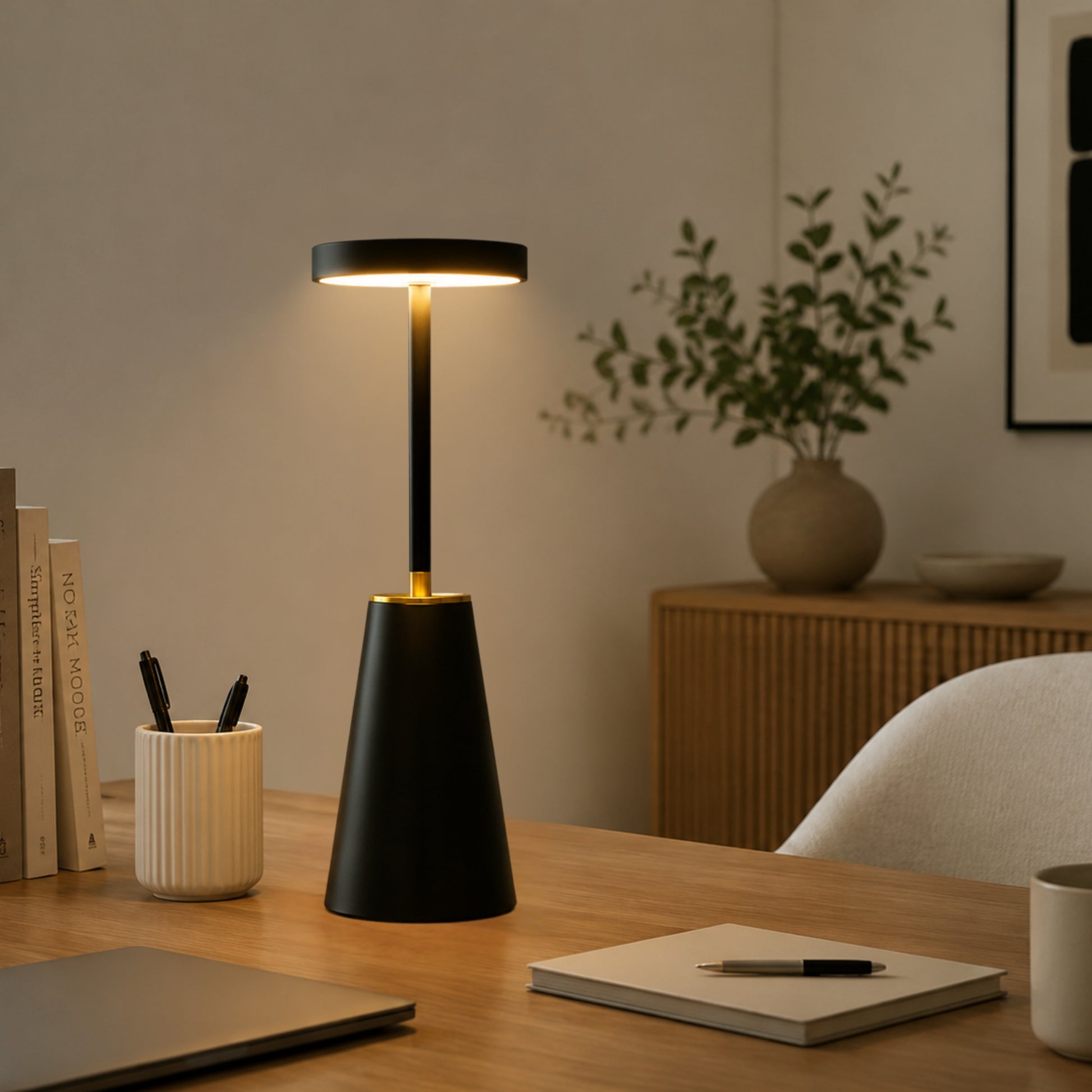 lampe de bureau sans fil noire avec plante elegante 3 intensites
