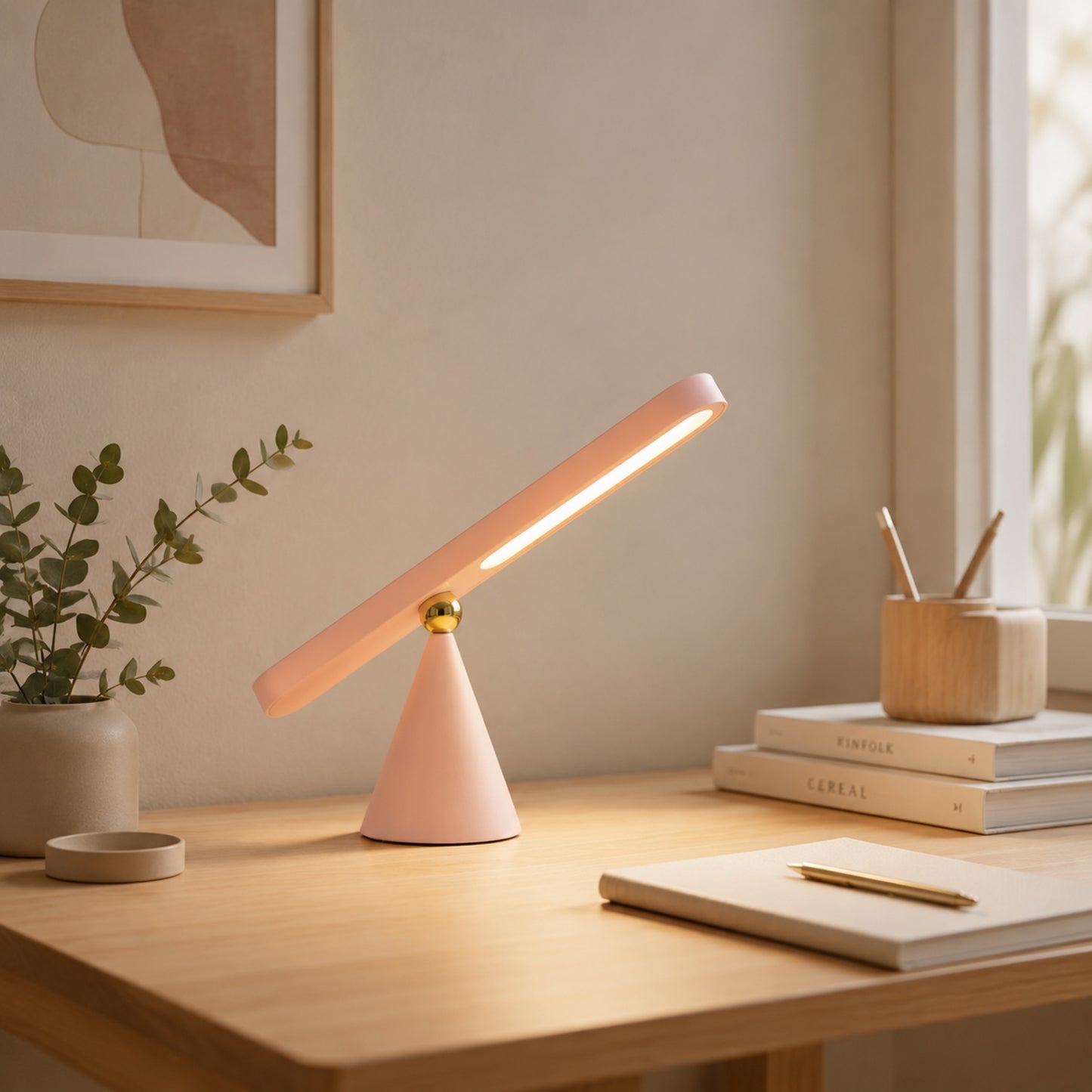 lampe de bureau sans fil rose avec plante magnetique rechargeable