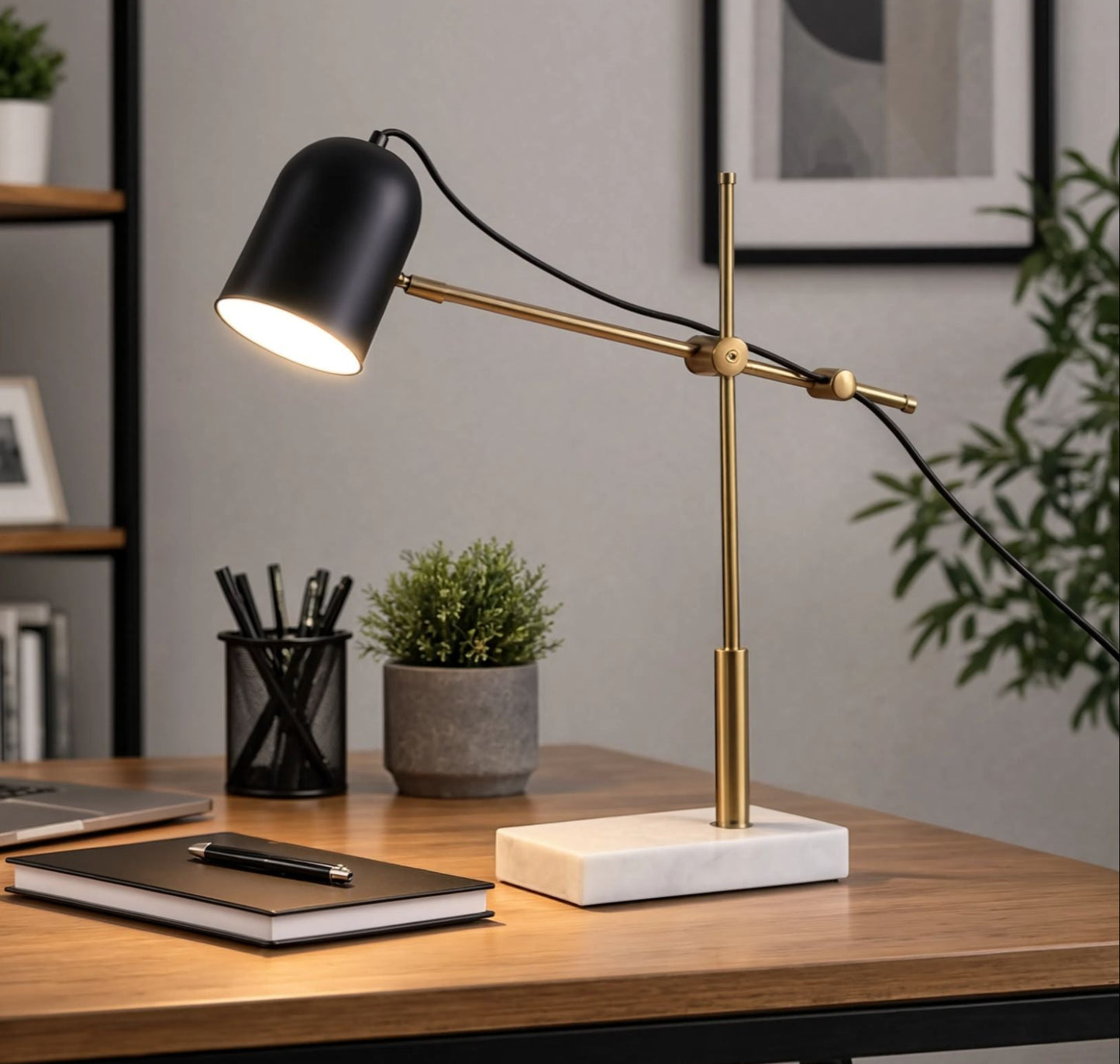 lampe de bureau sur bureau vu rapproche scandinave articulee