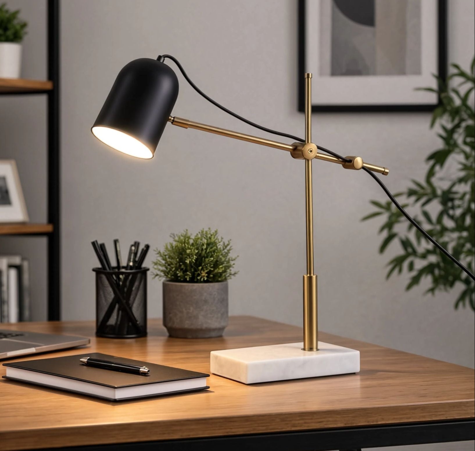 lampe de bureau sur bureau vu rapproche scandinave articulee