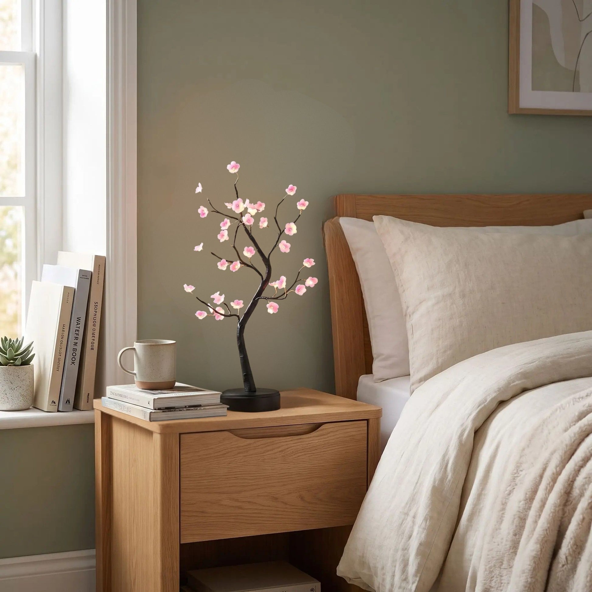 lampe de chevet design chambre avec fenetre fleurs de prunier rose led