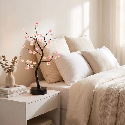lampe de chevet design chambre avec fleurs sechees fleurs de prunier rose led