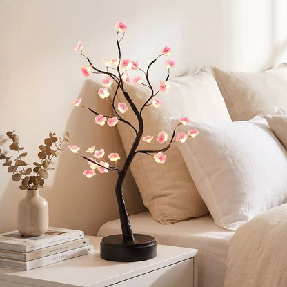 lampe de chevet design chambre avec fleurs sechees vu rapproche fleurs de prunier rose led
