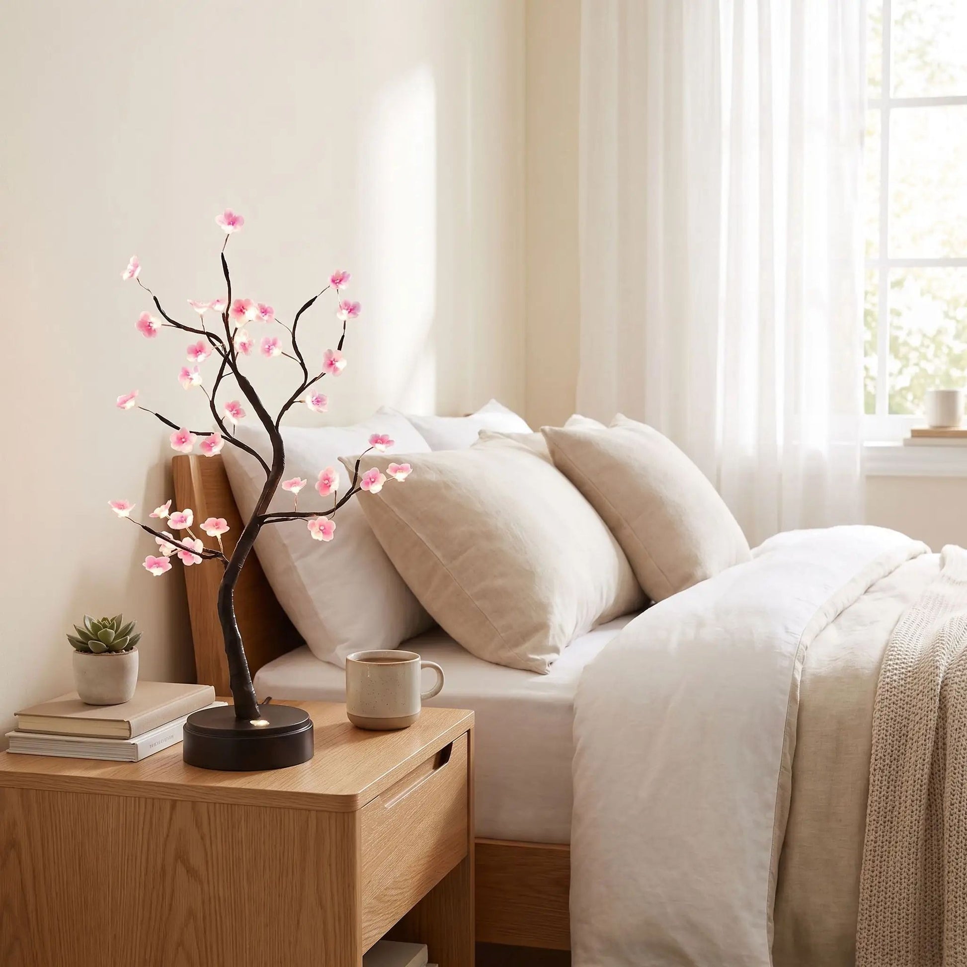 lampe de chevet design chambre avec tasse fleurs de prunier rose led