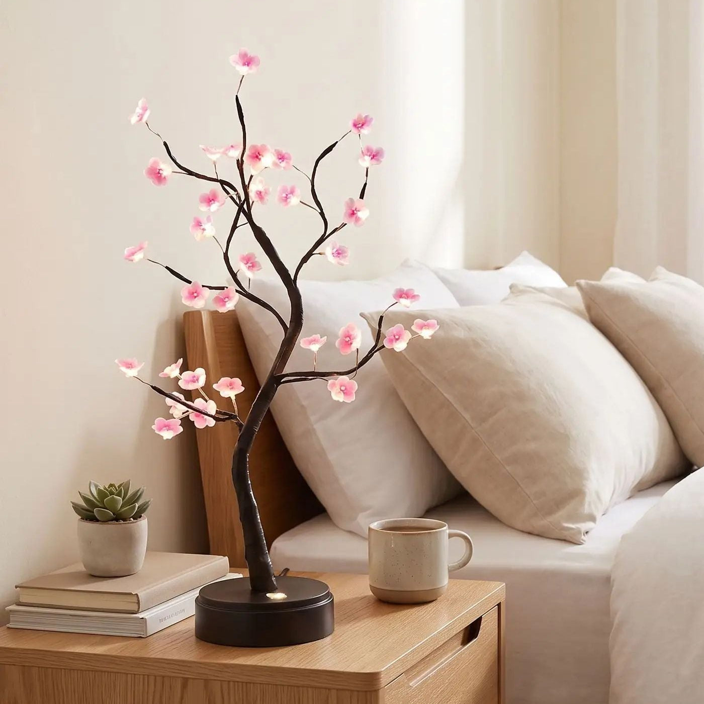lampe de chevet design chambre avec tasse vu rapproche fleurs de prunier rose led