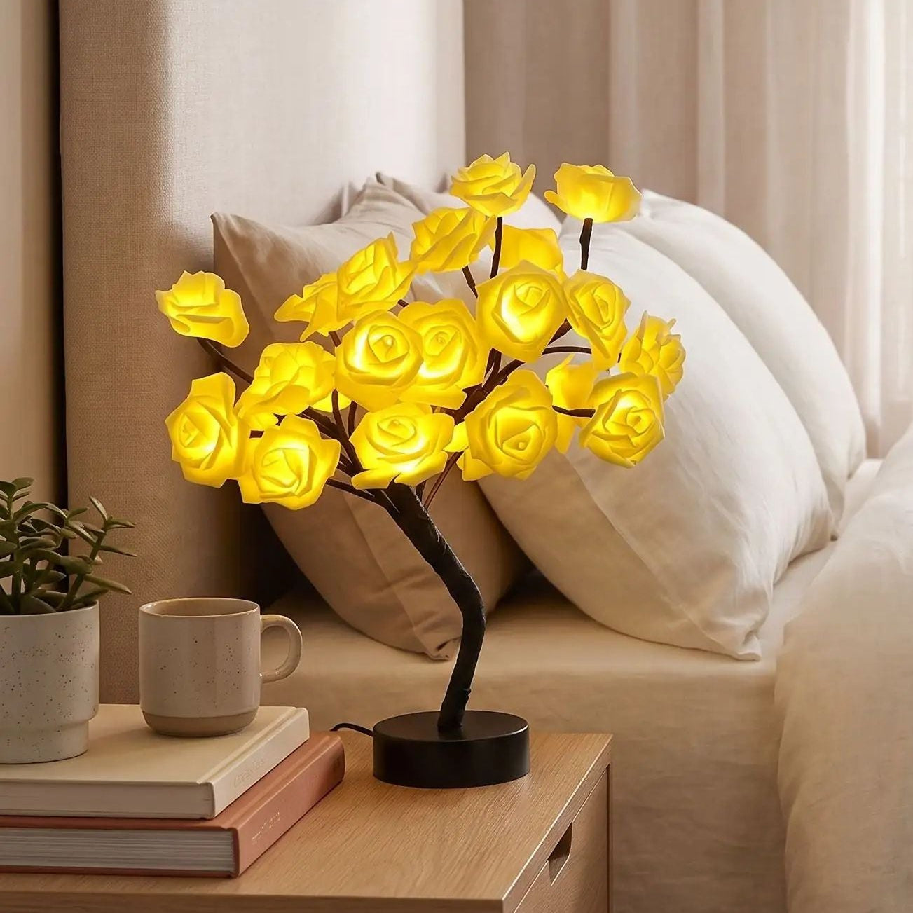 lampe de chevet design chambre vu rapproche rosier a fleurs jaunes lumineuse