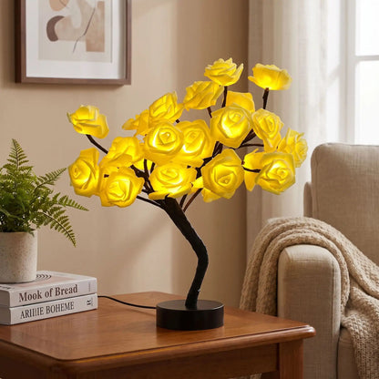 lampe de chevet design sejour avec couverte rosier a fleurs jaunes lumineuse