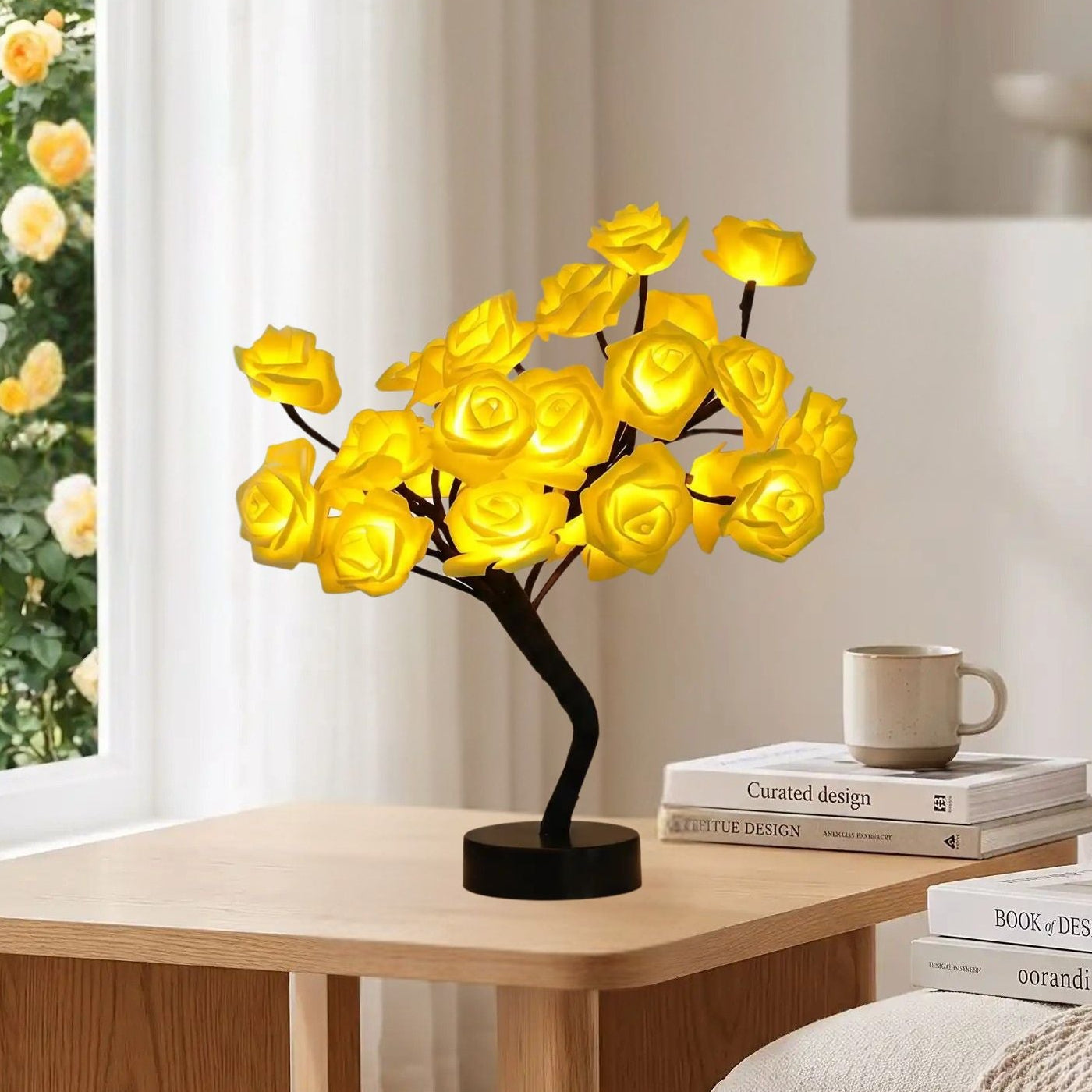 lampe de chevet design sejour vu rapproche rosier a fleurs jaunes lumineuse