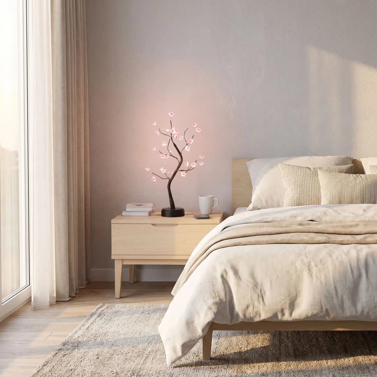 lampe de chevet sur table chevet chambre fleurs de prunier rose led