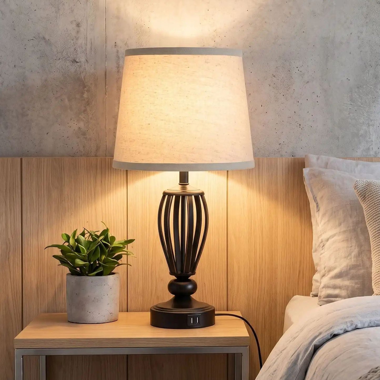 lampe de chevet tactile avec plante vu rapproche vintage industriel 3 intensites