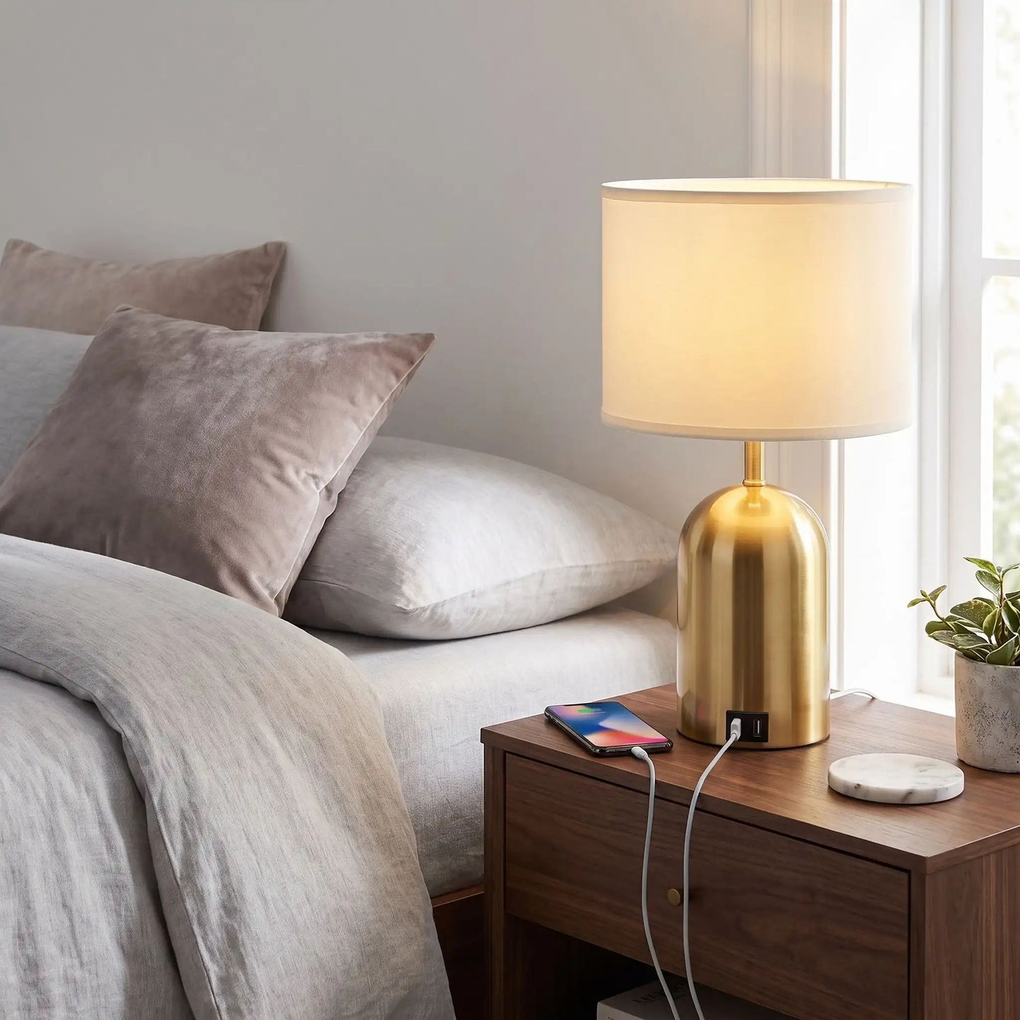 lampe de chevet tactile cellulaire branche doree 3 intensites et ports usb