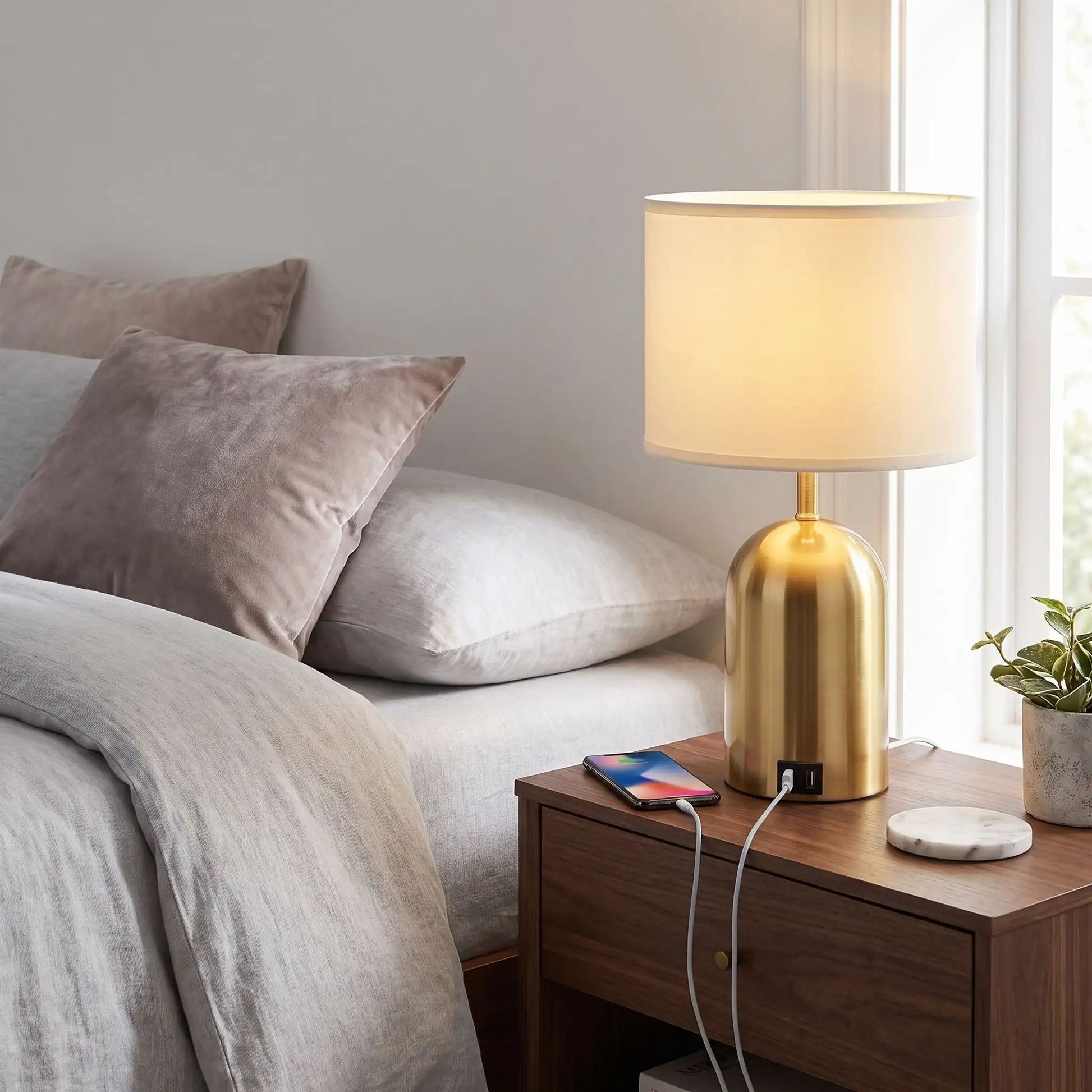 lampe de chevet tactile cellulaire branche doree 3 intensites et ports usb