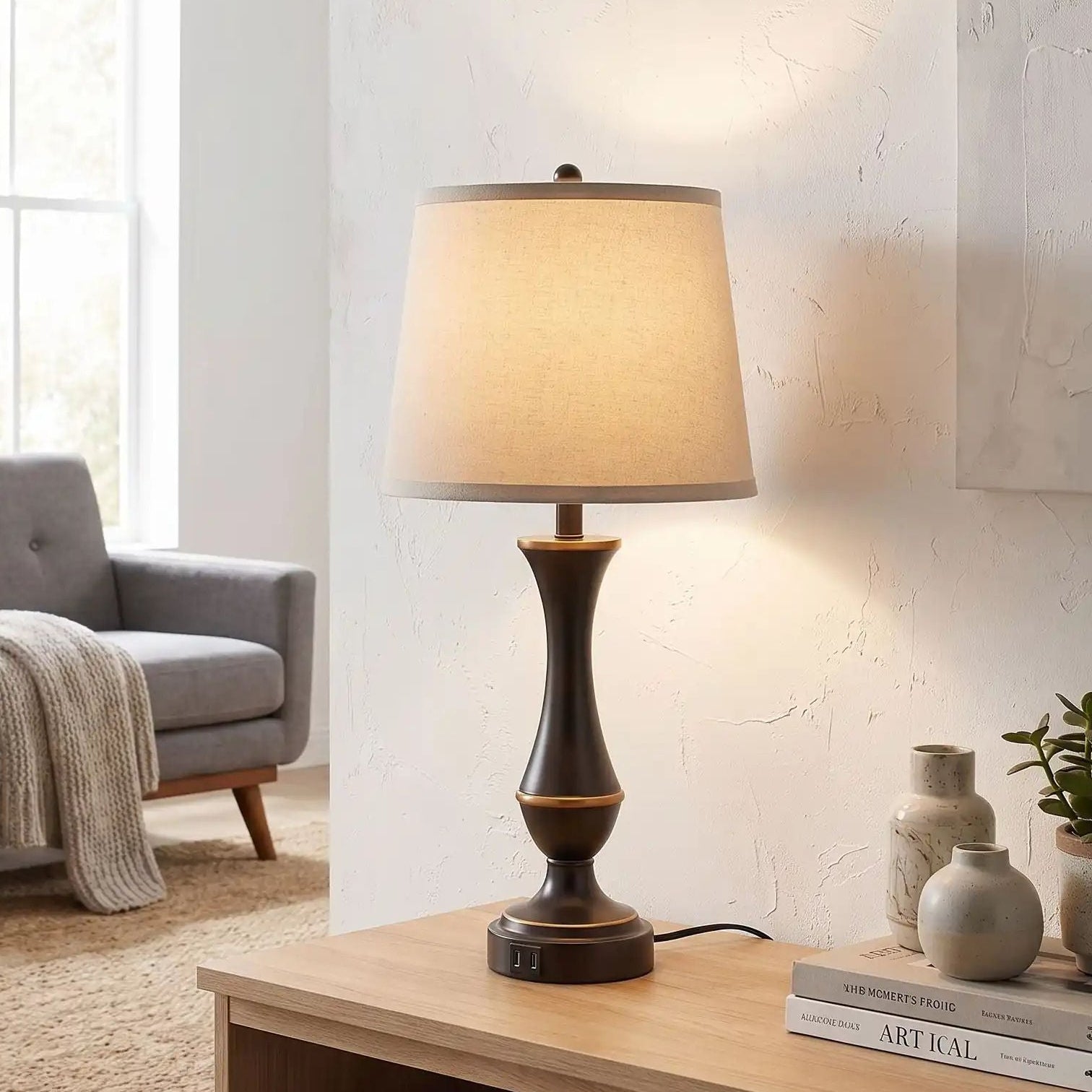 lampe de chevet tactile sejour vu rapproche noire elegante ports usb
