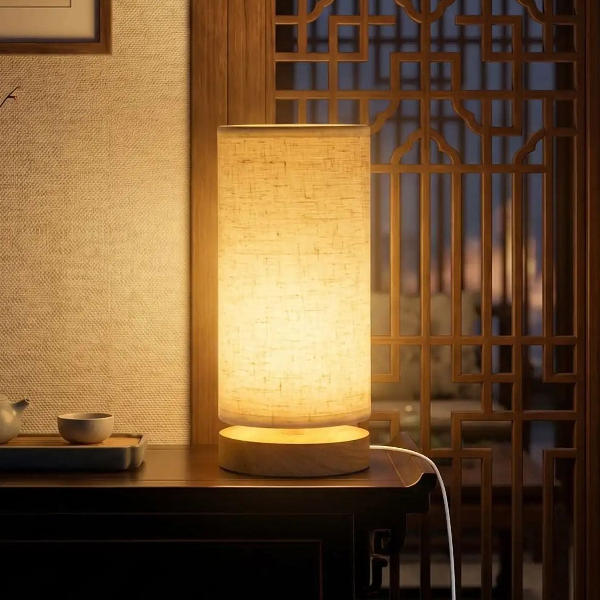 lampe de table en bois nuit vue rapproche style chinois rustique