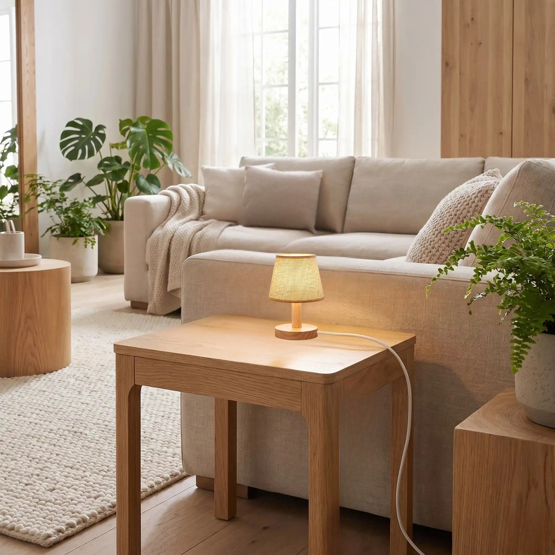 lampe de table en bois sejour avec plante petite organique scandinave