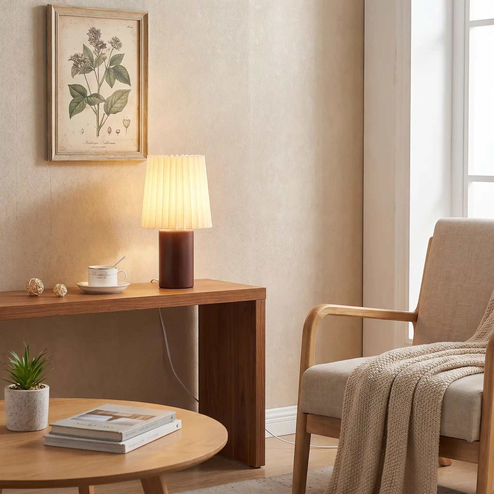 lampe de table en bois sejour avec tableau naturelle vintage
