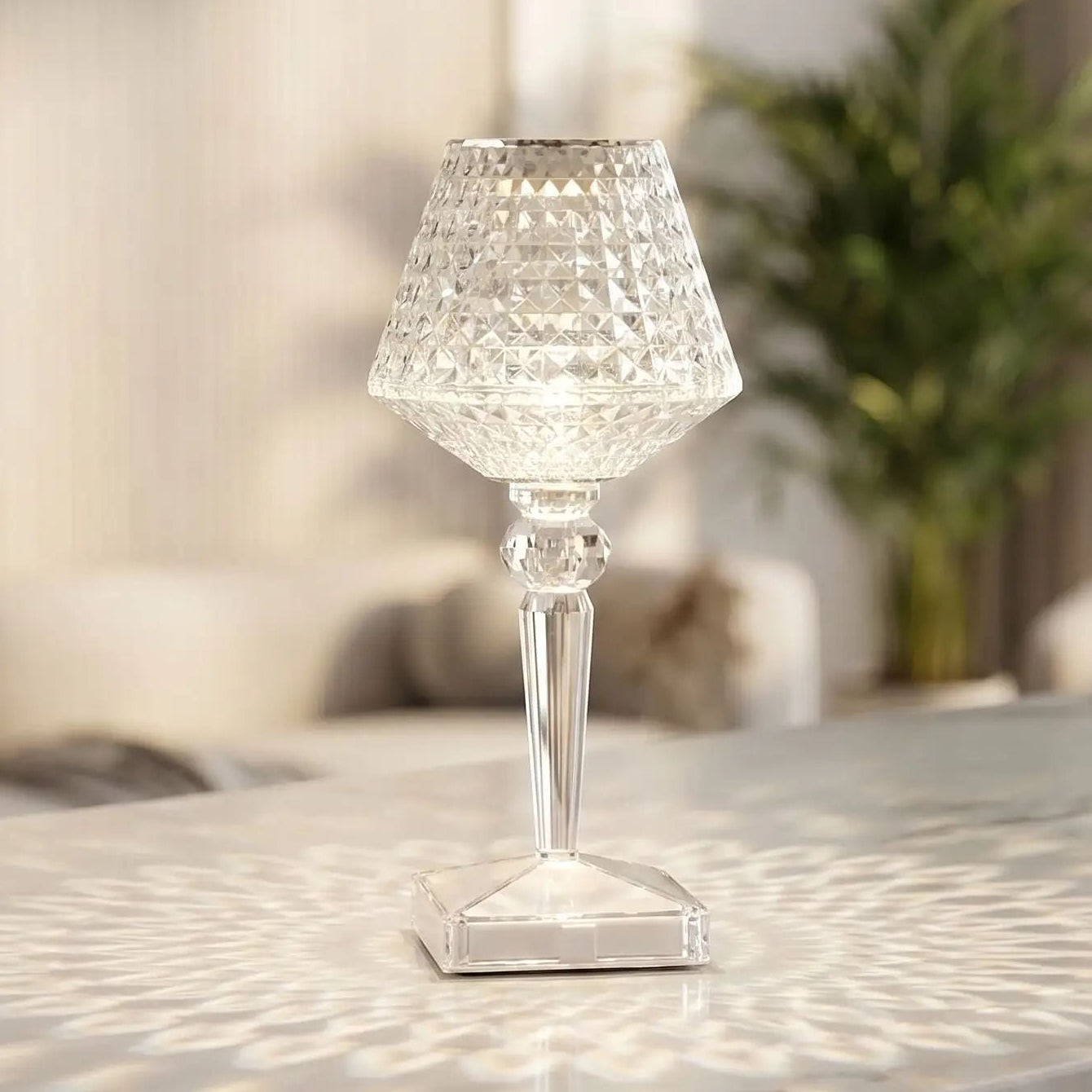 lampe de table rechargeable comptoir vue rapproche design diamant