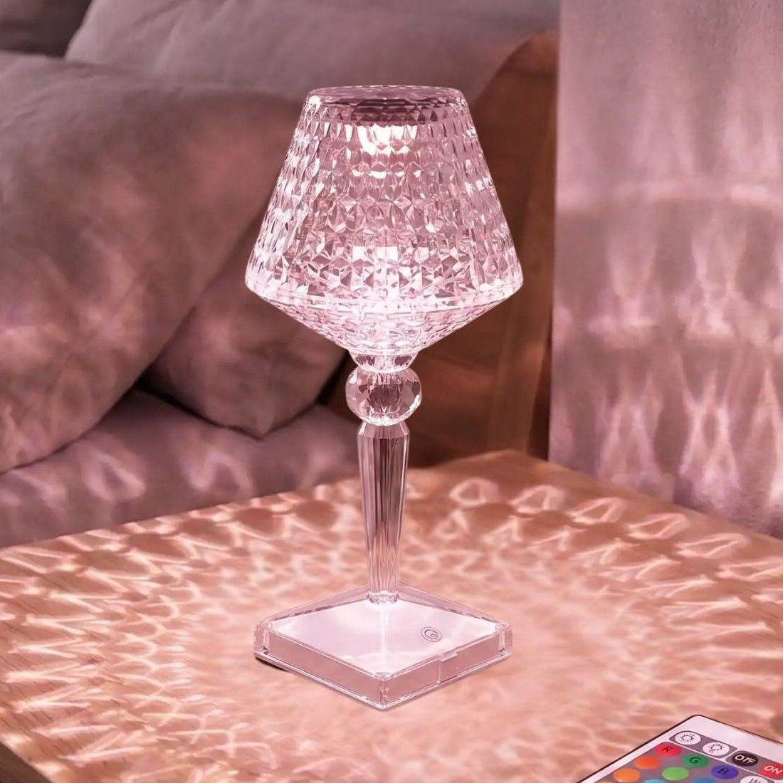 lampe de table rechargeable rgb mauve rapproche design diamant