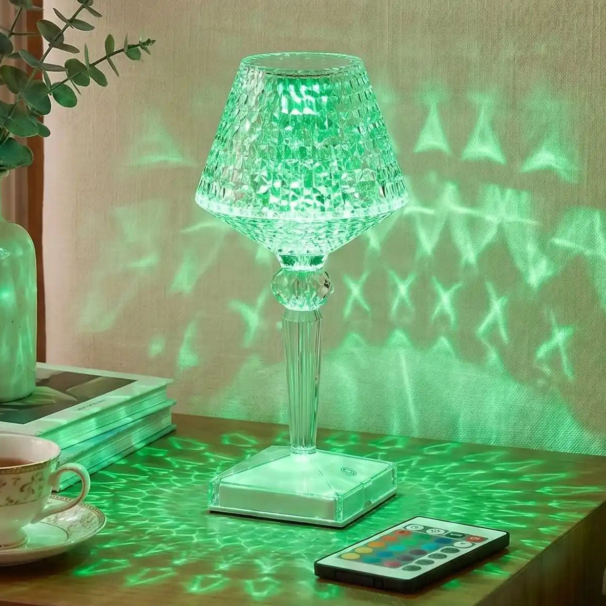 lampe de table rechargeable rgb vert vu pres design diamant