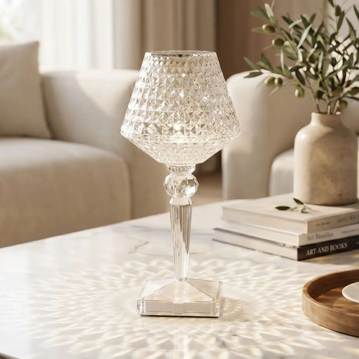 lampe de table rechargeable table sejour vue rapproche design diamant