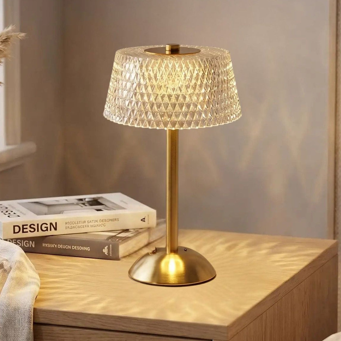 lampe de table sans fil chevet avec livre vue rapproche lumiere diamant