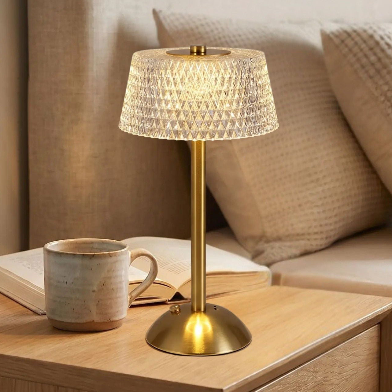 lampe de table sans fil chevet avec tasse vue rapproche lumiere diamant