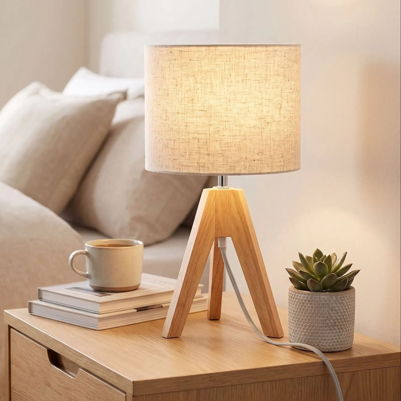 lampe de table sejour avec livre vu rapproche trepied scandinave