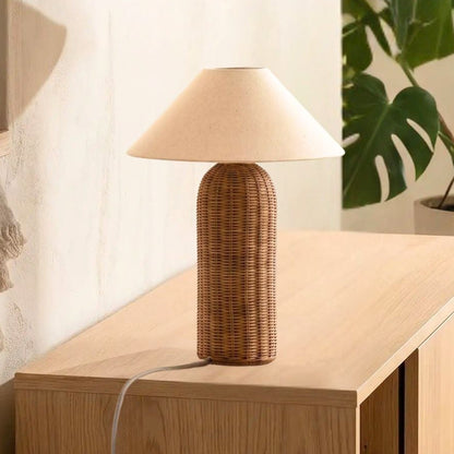 lampe de table sejour avec plante vu rapproche rotin tresse main