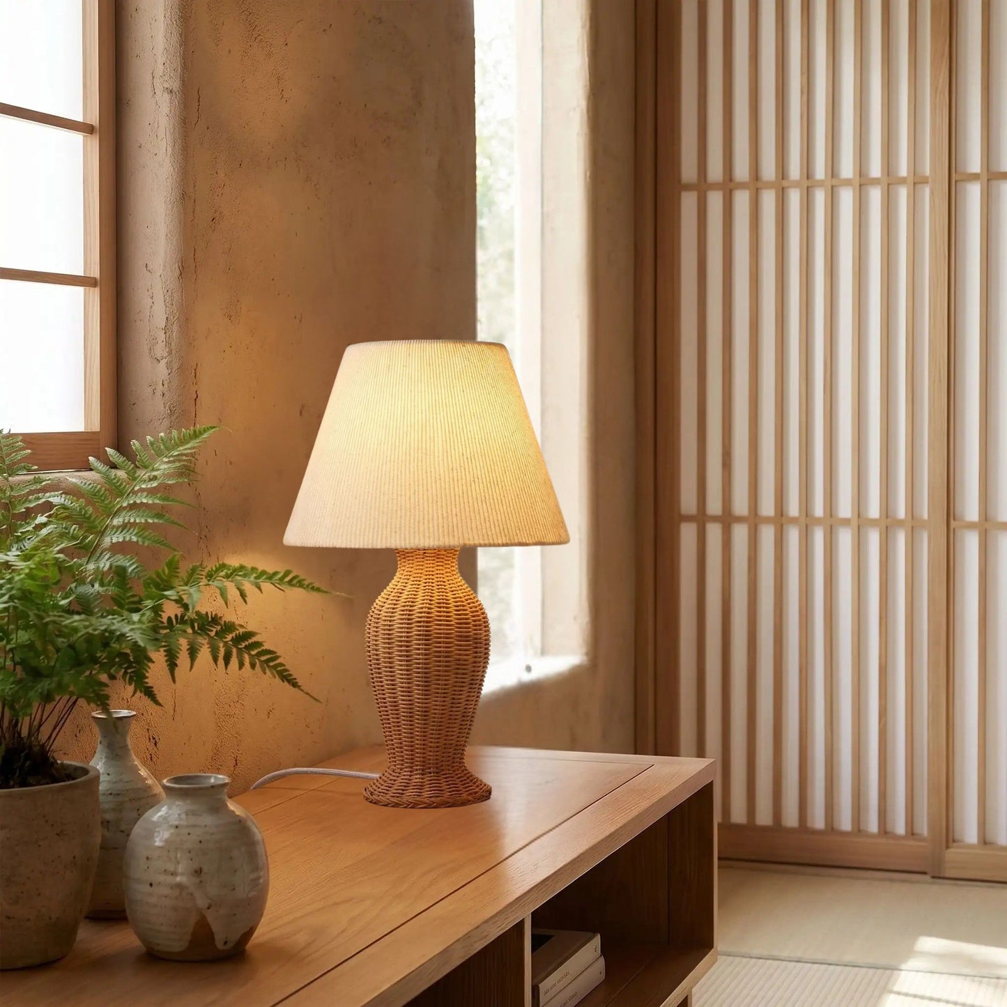 lampe de table sejour avec vase rotin artisanale