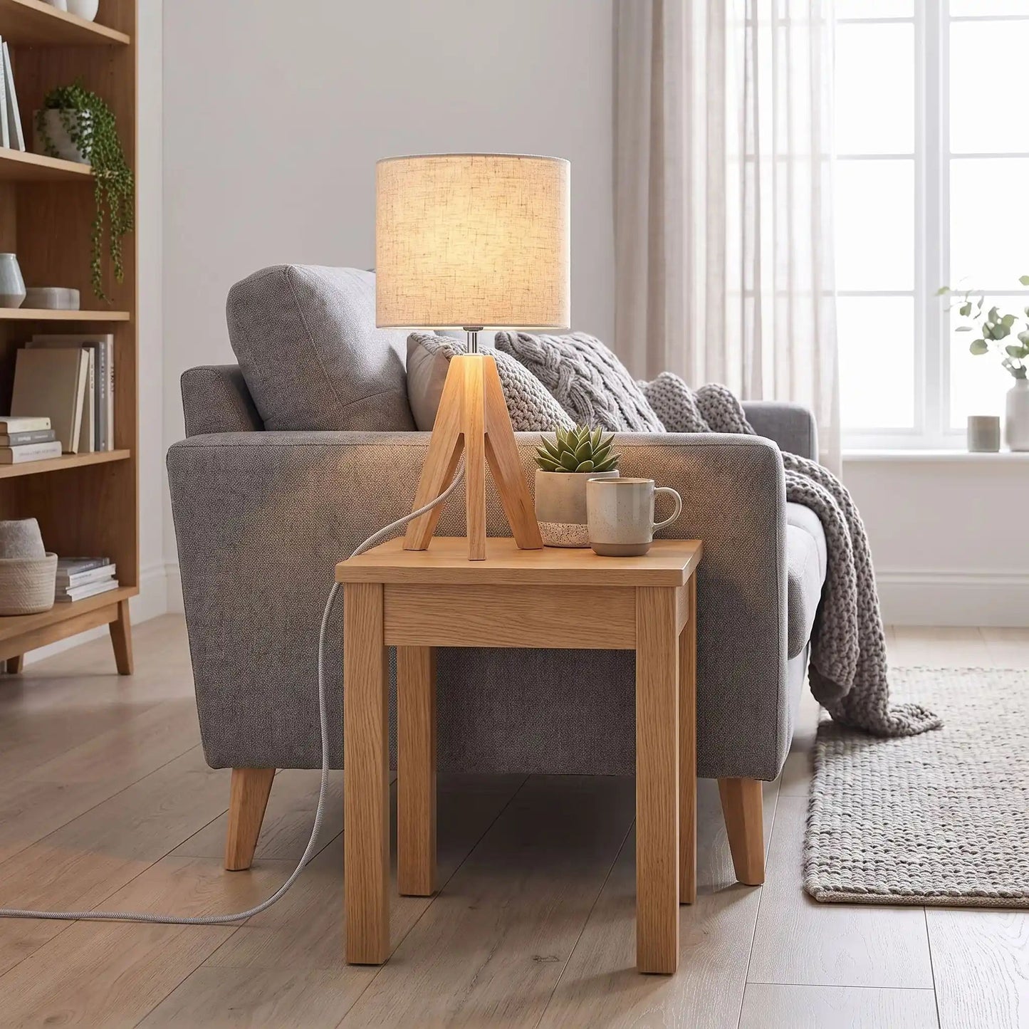 lampe de table sur table sejour trepied scandinave