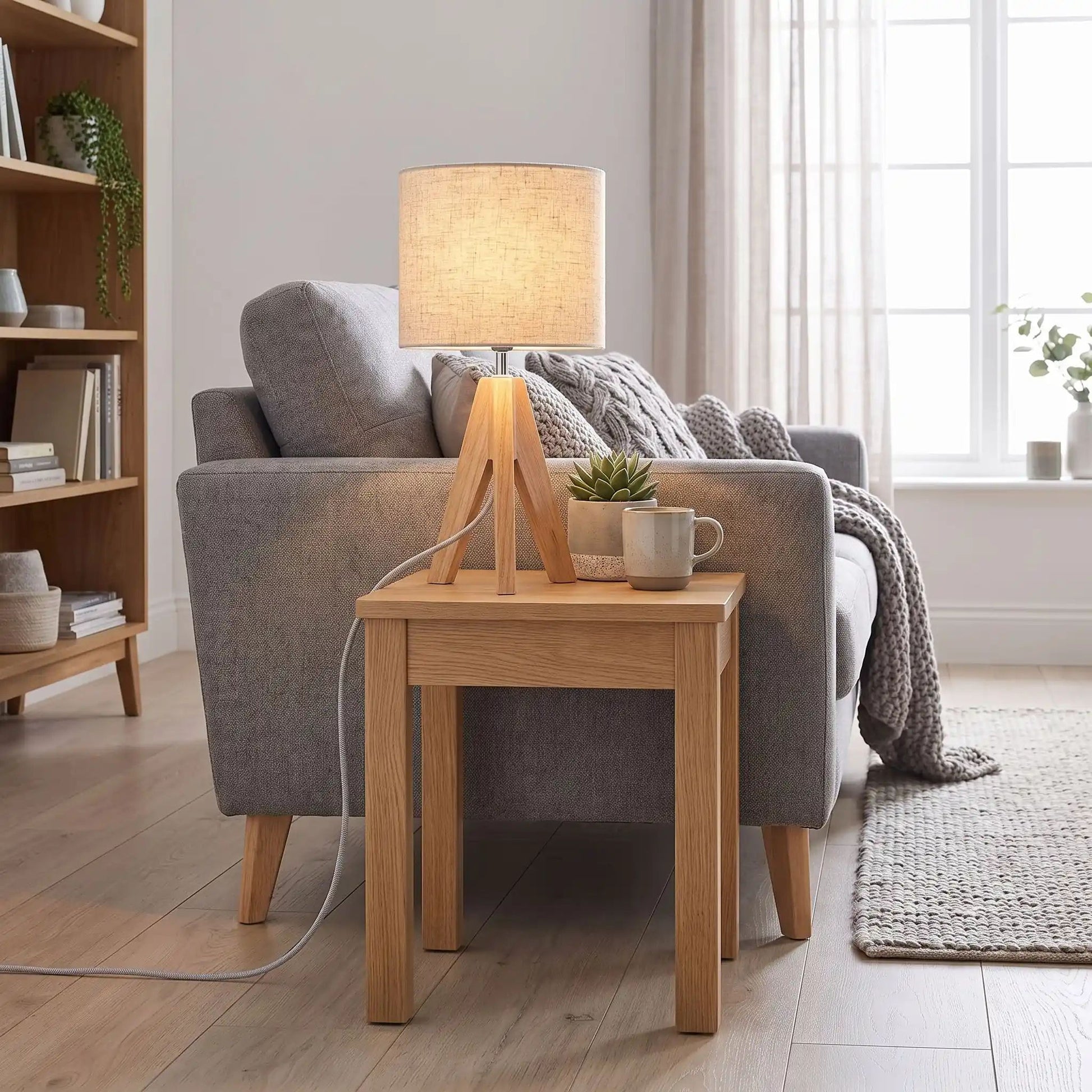 lampe de table sur table sejour trepied scandinave