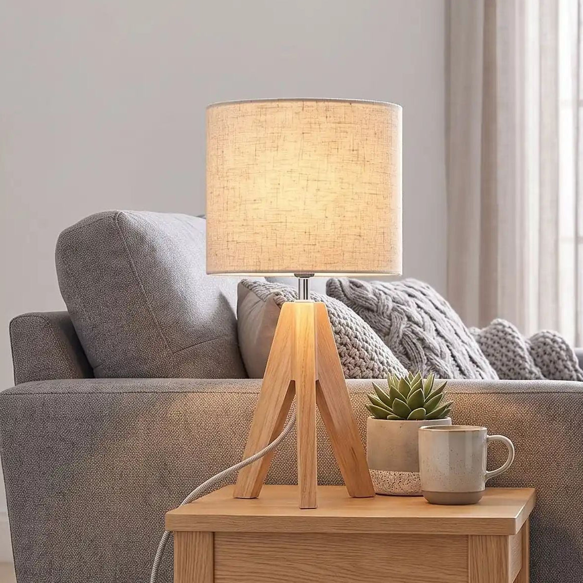lampe de table sur table sejour vu rapproche trepied scandinave