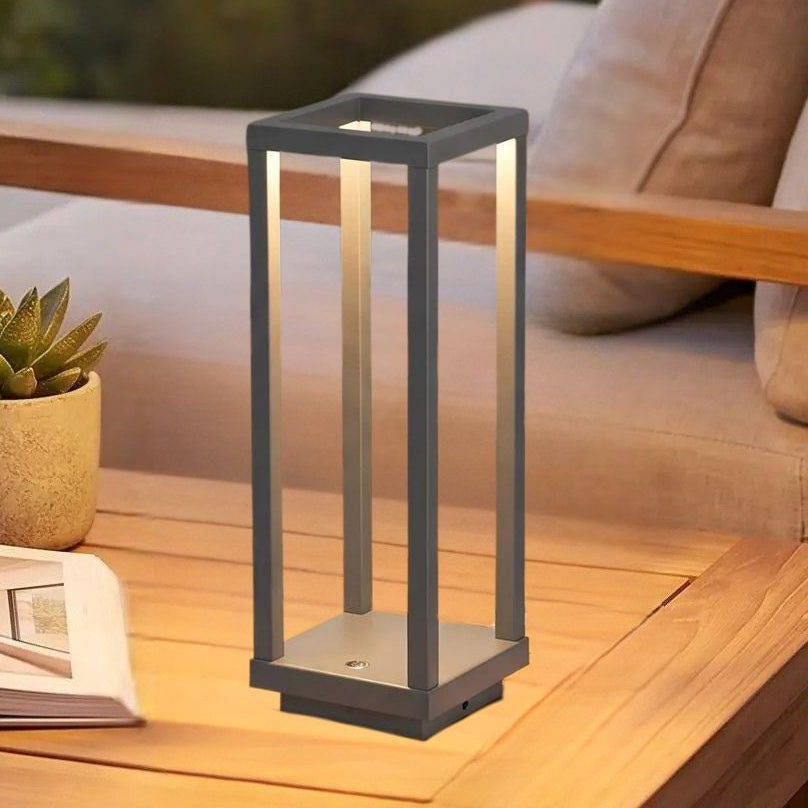 lampe led sans fil couleur gris table terrasse vue rapproche geometrique ligne minimaliste
