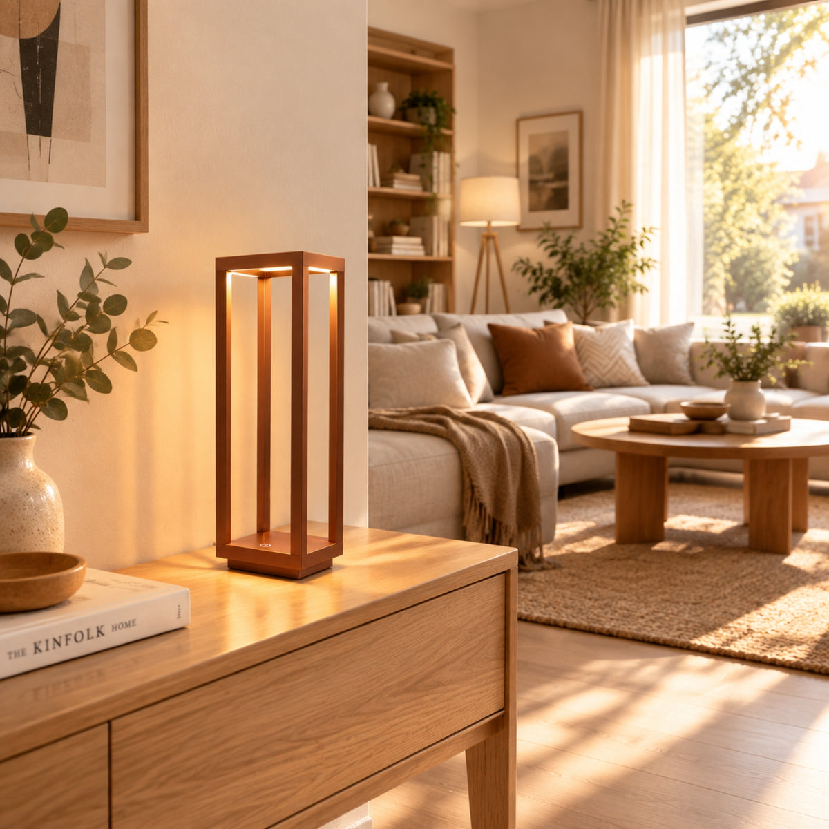 lampe led sans fil marron cuivre console geometrique ligne minimaliste