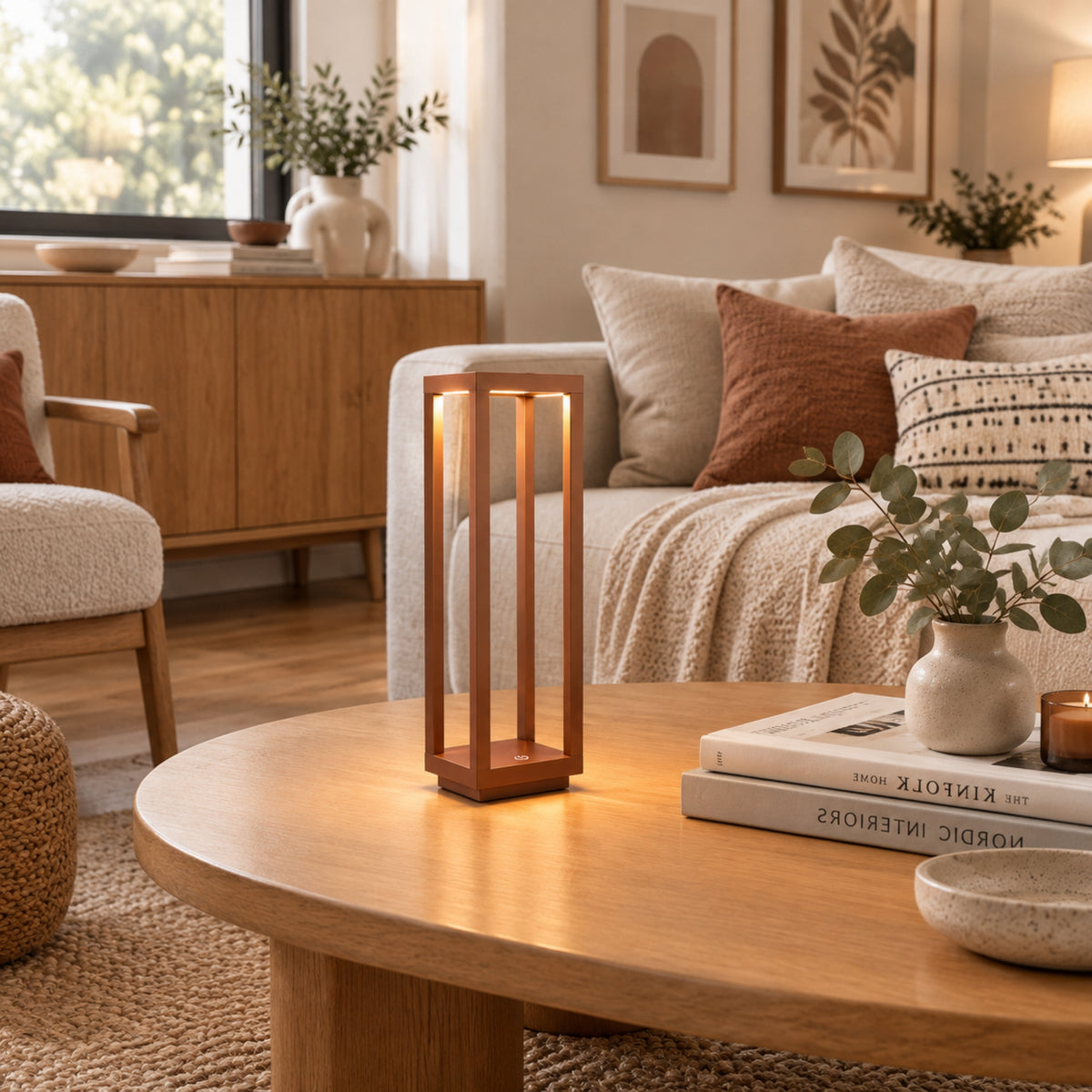 lampe led sans fil marron cuivre sur table sejour geometrique ligne minimaliste