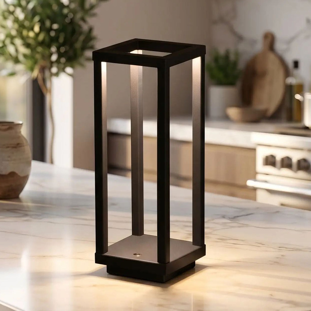 lampe led sans fil noir comptoir vue rapproche geometrique ligne minimaliste