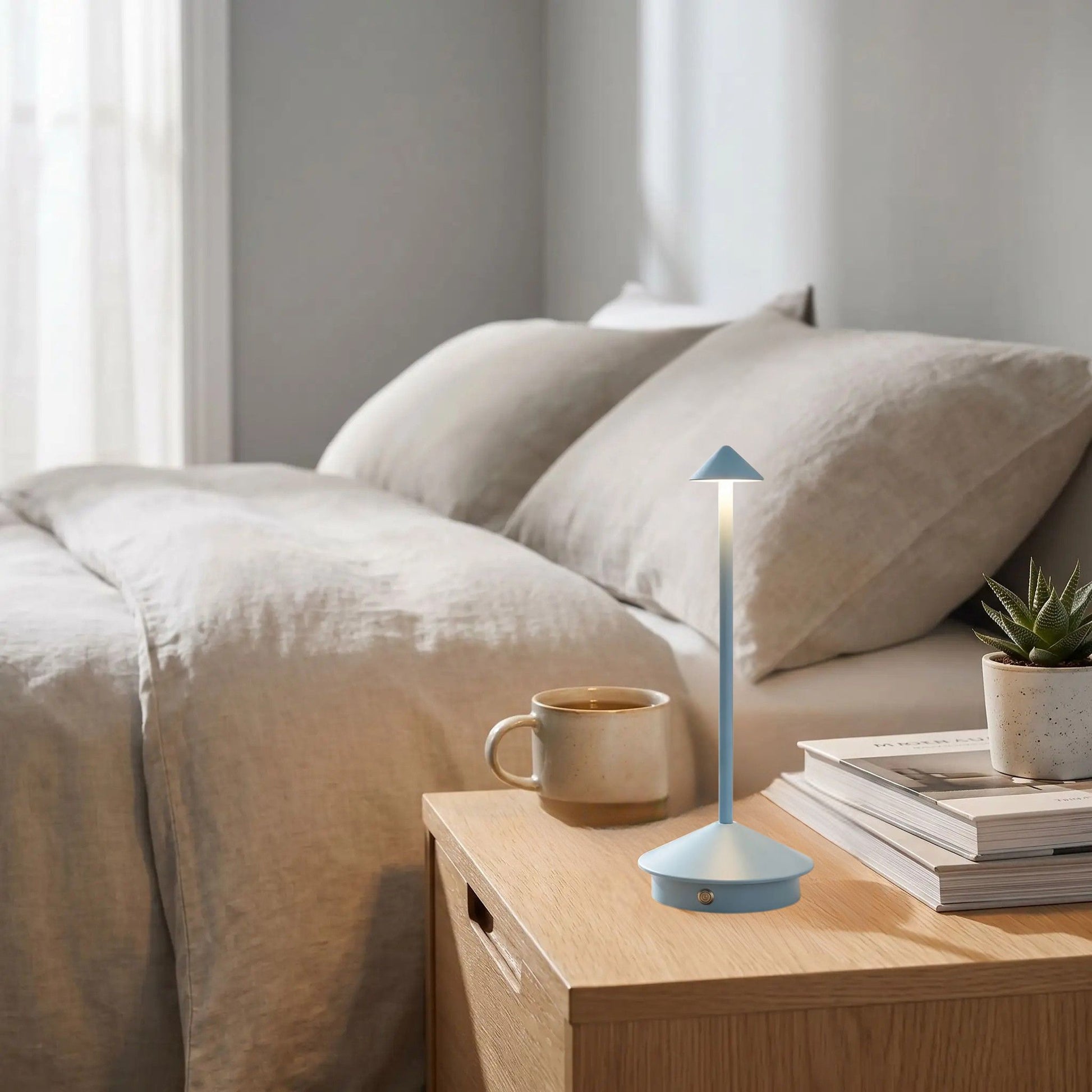lampe rechargeable bleu leger chevet abat jour mignon