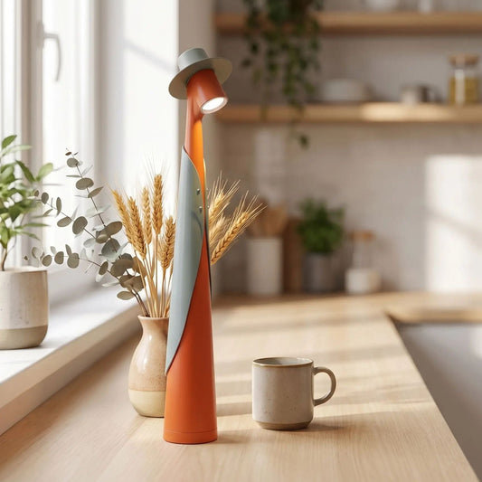 lampe rechargeables sans fil orange vert comptoir vue rapproche figurine minimaliste