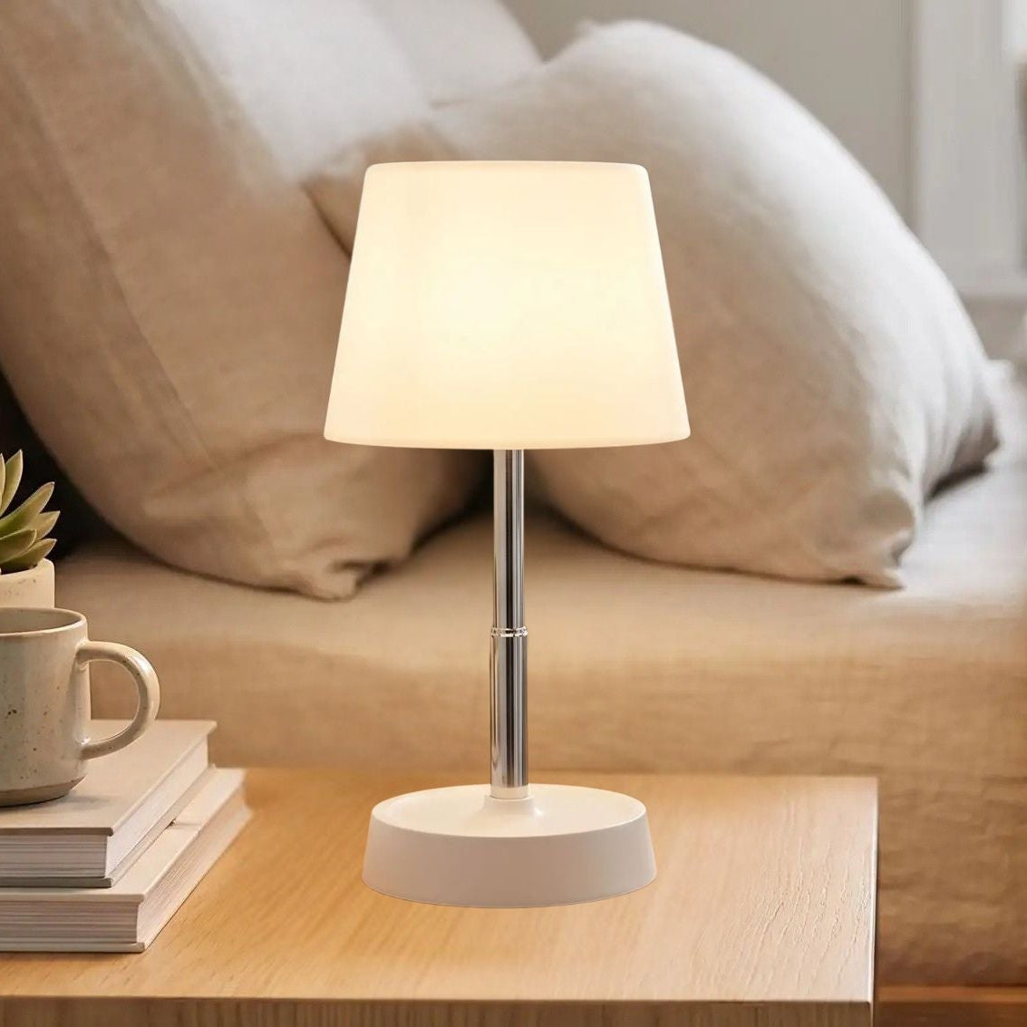 lampe sans fil rechargeable blanc table chevet vue rapproche hauteur telescopique