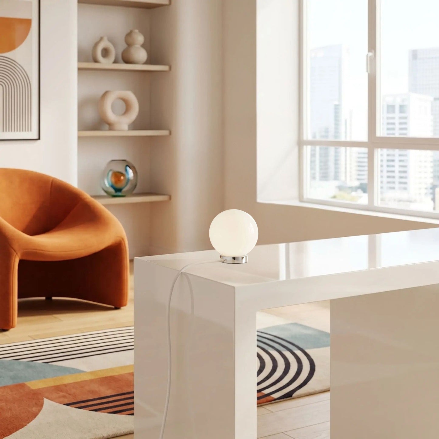 lampe table blanc petite spherique led space age