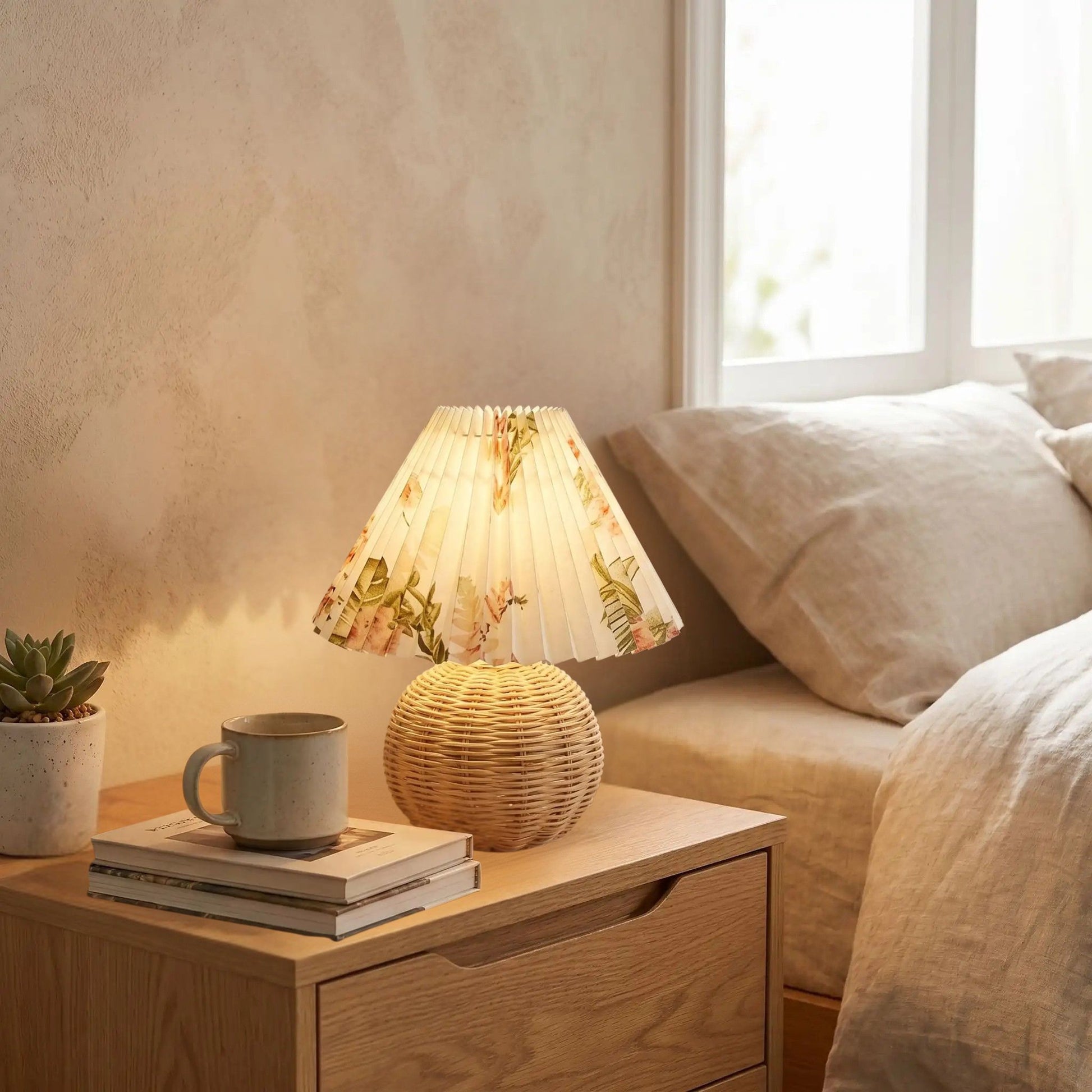 lampe table chevet rotin fleuri