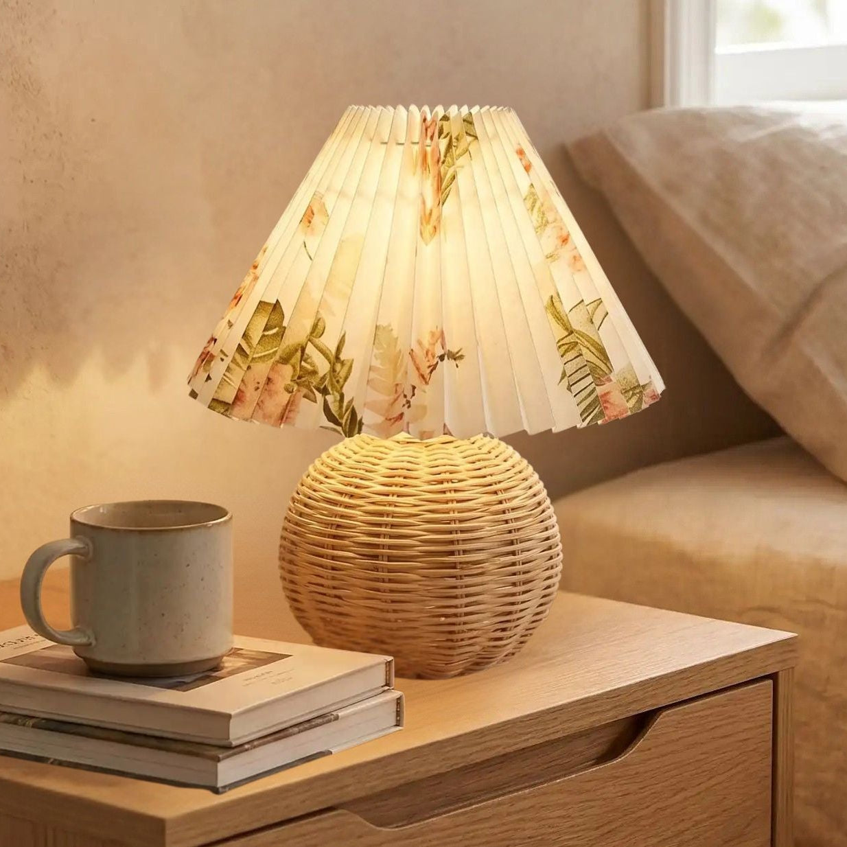 lampe table chevet vu rapproche rotin fleuri