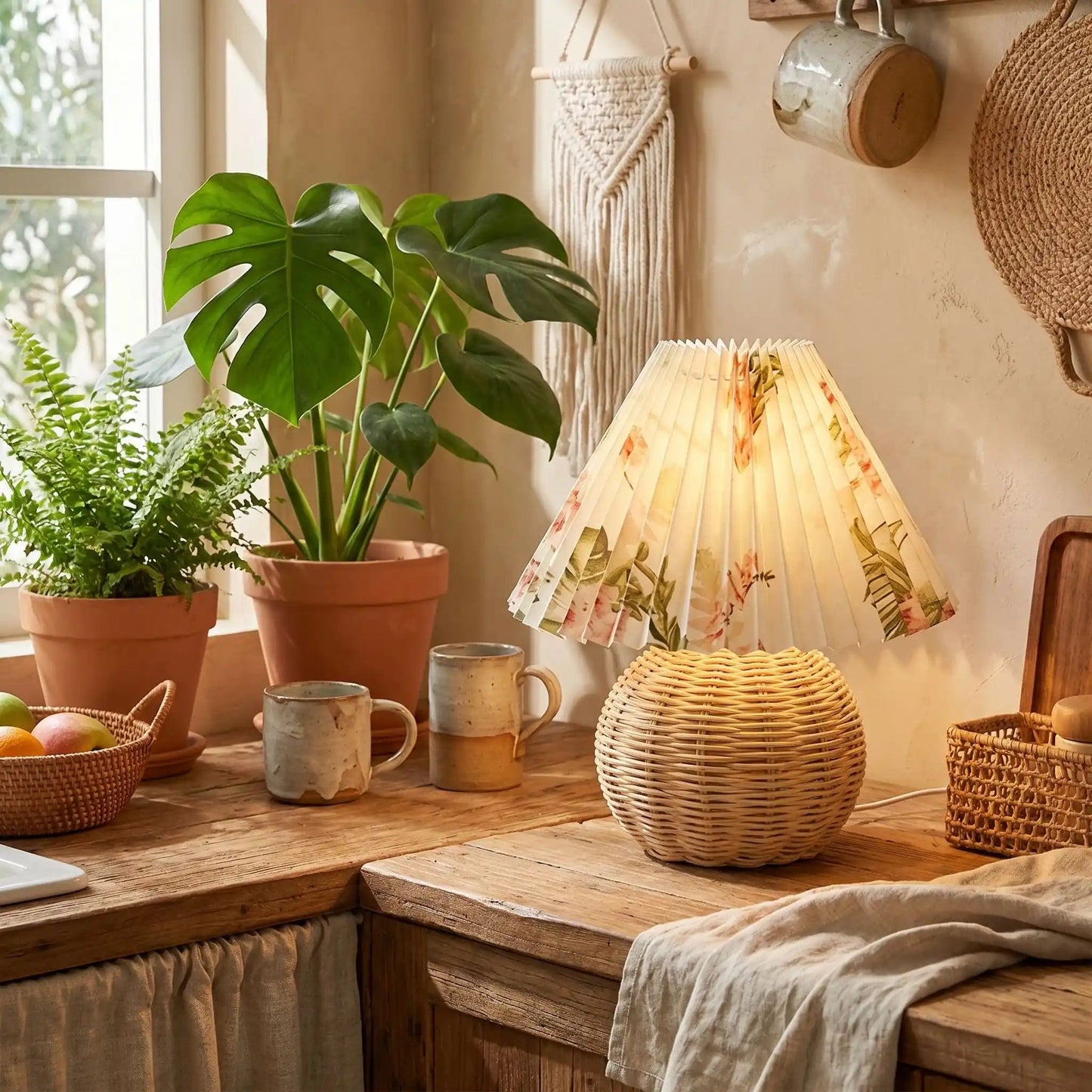 lampe table comptoir rotin fleuri