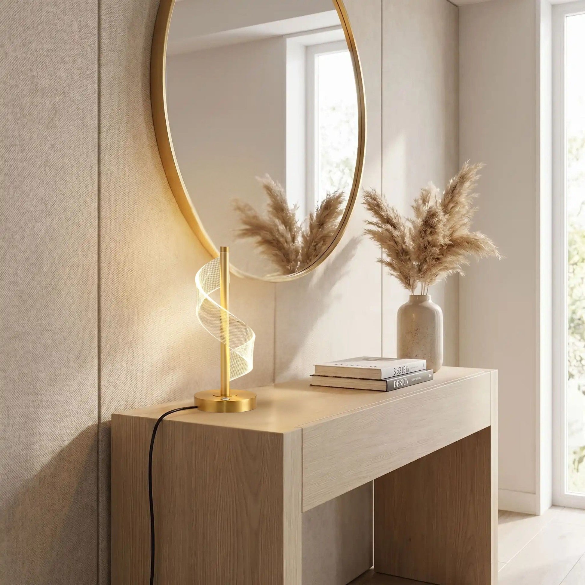 lampe table petite sejour avec miroir spirale doree tactile