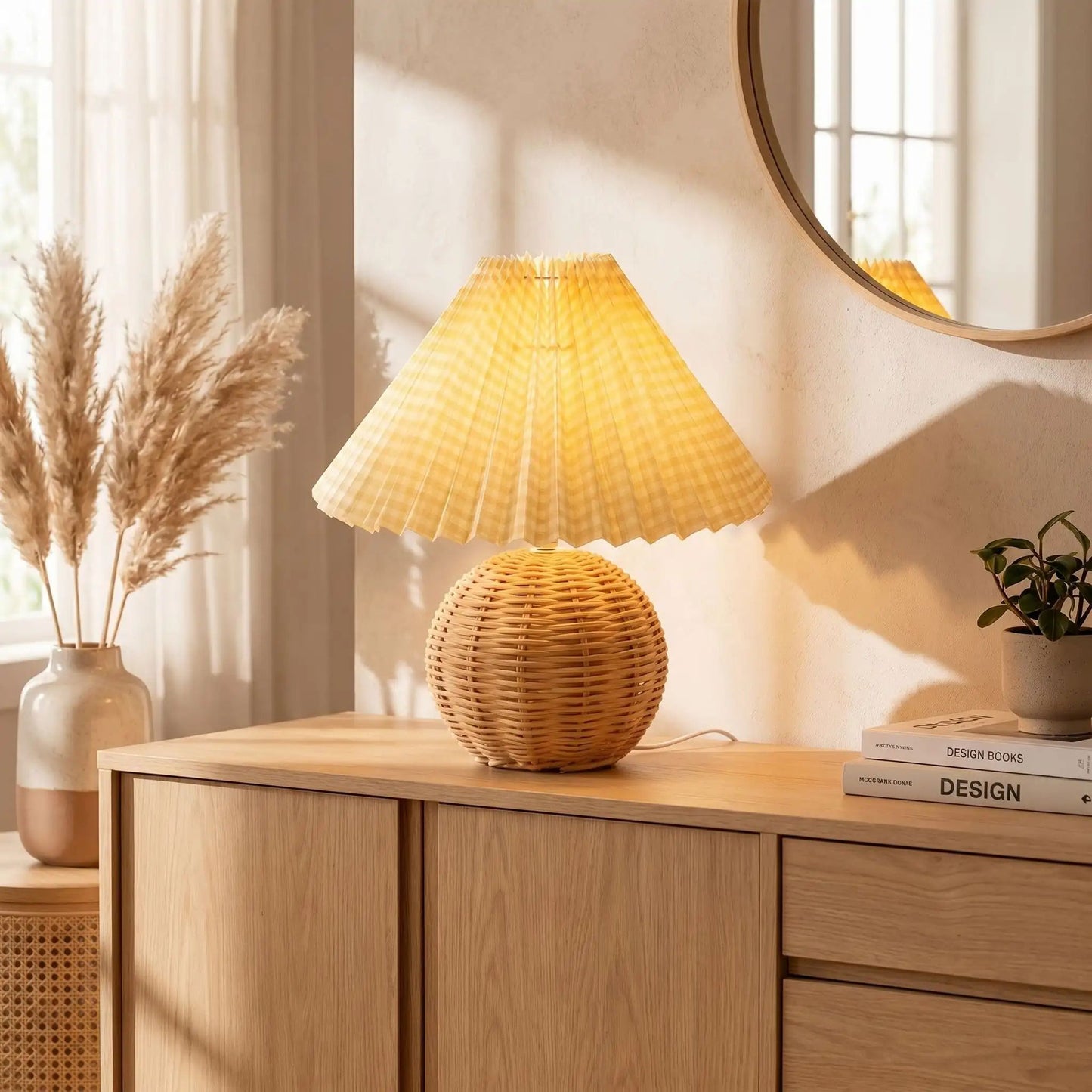 lampe table sejour avec miroir rotin et bambou tresse