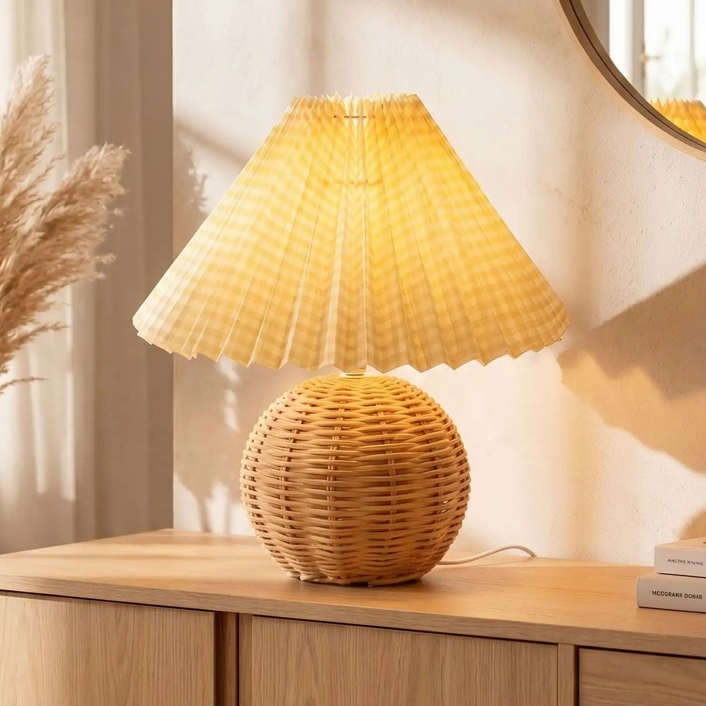 lampe table sejour avec miroir vue rapproche rotin et bambou tresse