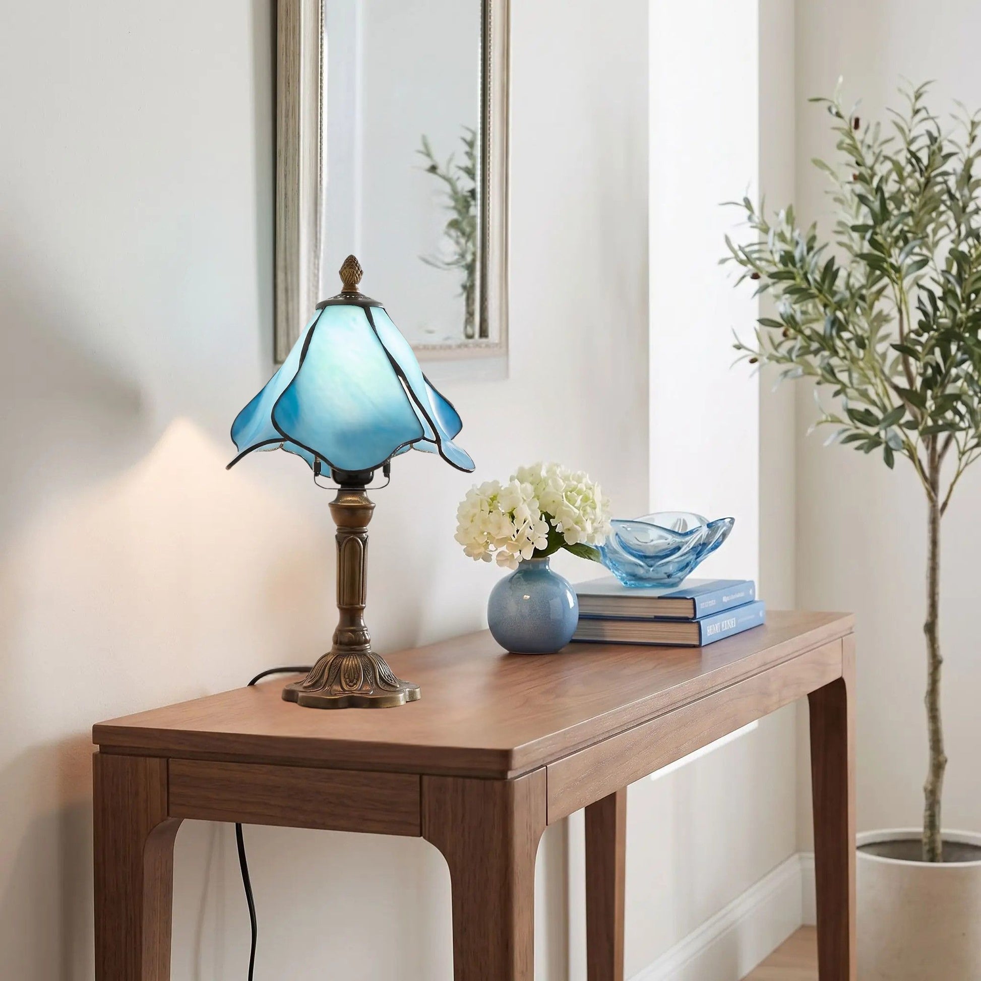 lampes à poser console sejour style tiffany vitrail petale bleu