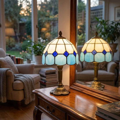 lampes à poser miroir style tiffany vitrail bleu et blanc