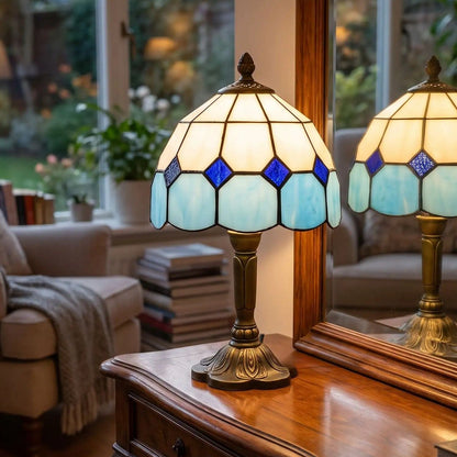 lampes à poser miroir vu rapproche style tiffany vitrail bleu et blanc